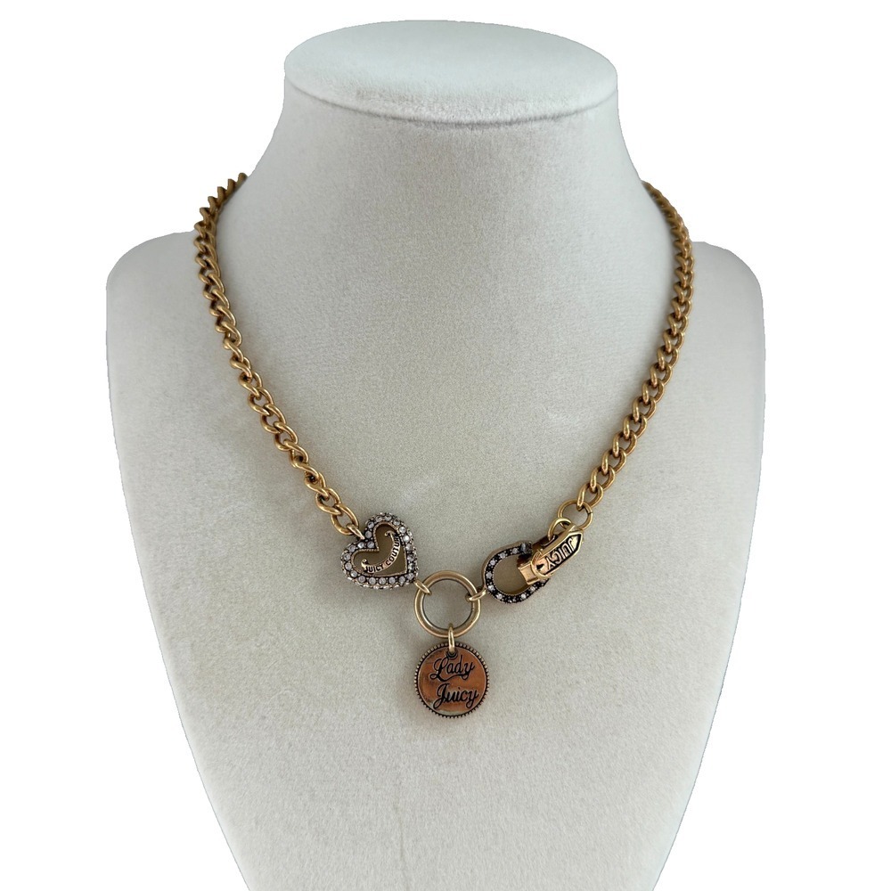 JUICY COUTURE Vintage Y2K "Lady Juicy" Gold Tone Necklace 16" Rhinestones Curb